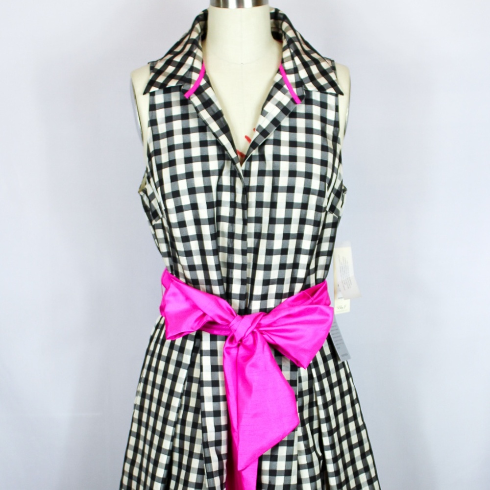 Eliza J black & white checkered dress w/ pink sash